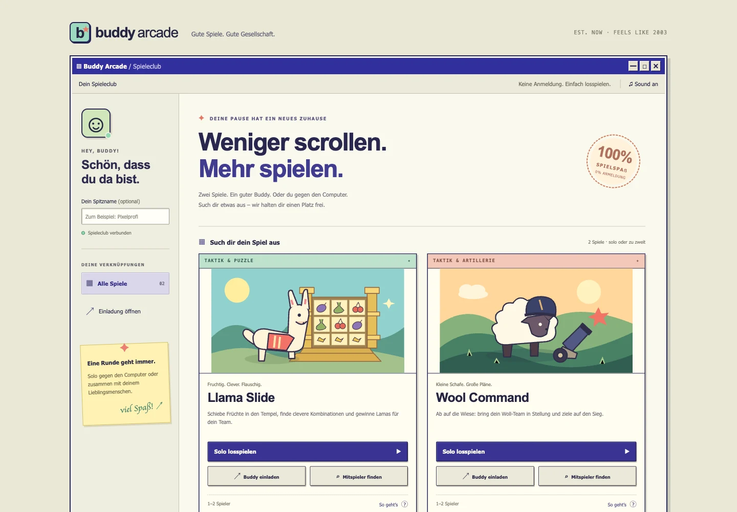Einblick in die Website von Buddy Arcade